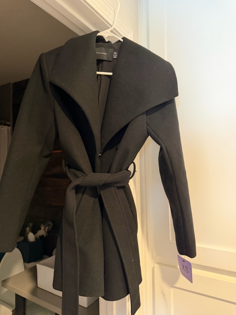 Tahari Black Belted Trench Coat with Wide Collar